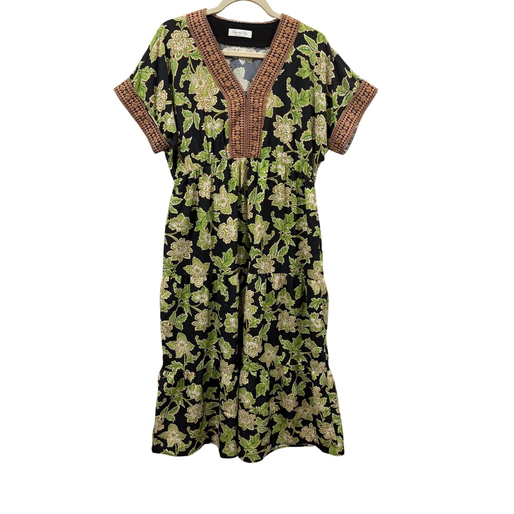 Doe and Rae Black Floral Crochet Lace Trim Tiered Midi Dress Small Boho Green